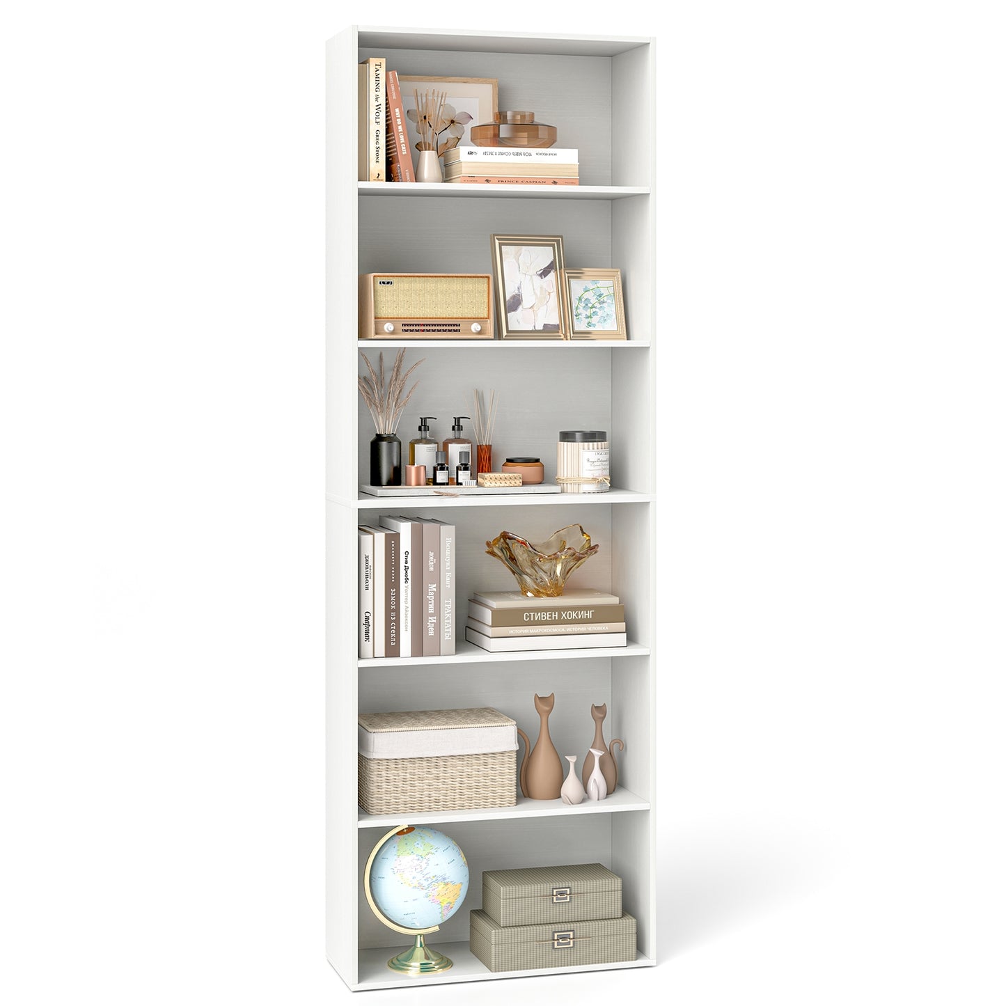 6-Tier Bookcase with 6 Open Shelves and Anti-Toppling Kits-White Kids Crystal