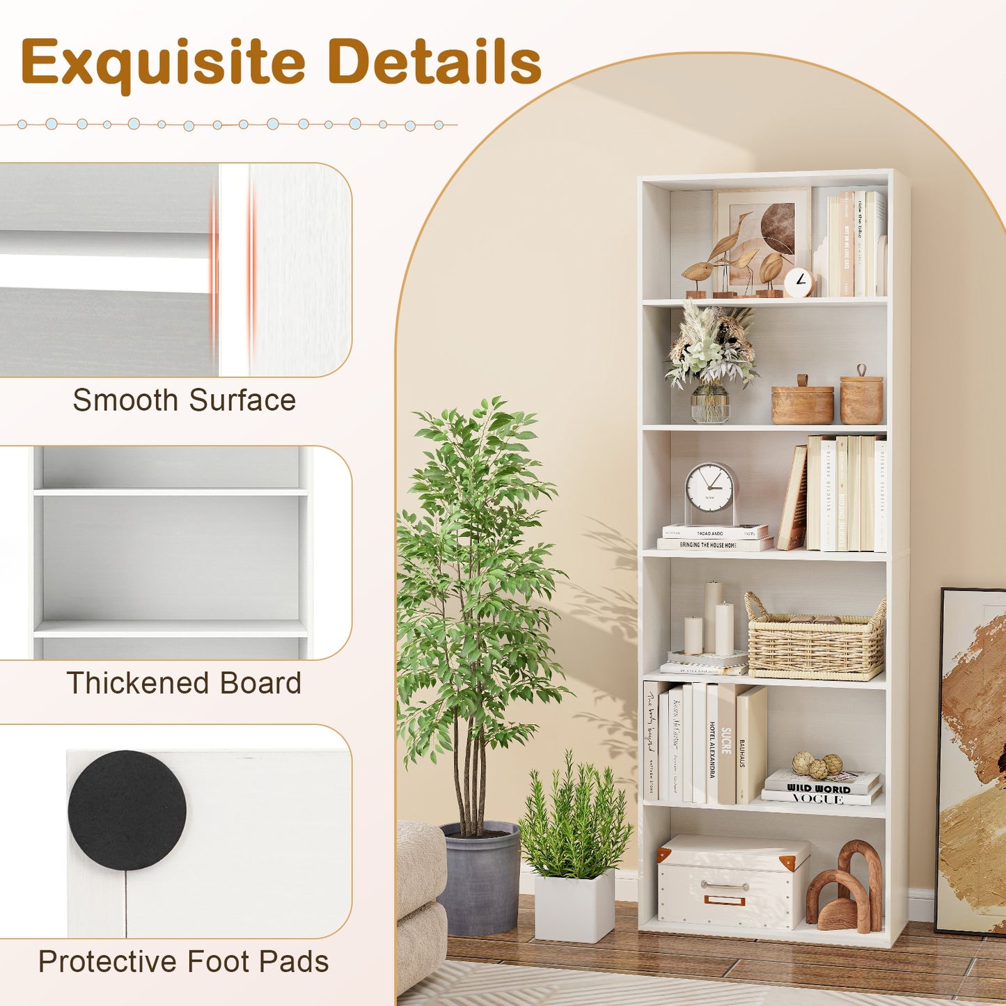 6-Tier Bookcase with 6 Open Shelves and Anti-Toppling Kits-White Kids Crystal