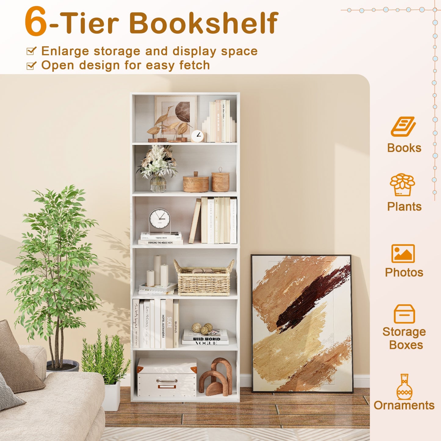 6-Tier Bookcase with 6 Open Shelves and Anti-Toppling Kits-White Kids Crystal