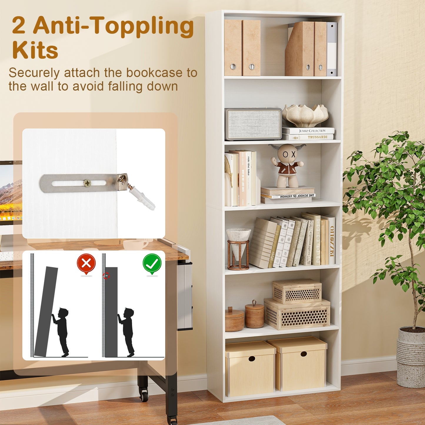 6-Tier Bookcase with 6 Open Shelves and Anti-Toppling Kits-White Kids Crystal