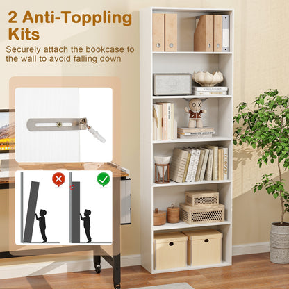 6-Tier Bookcase with 6 Open Shelves and Anti-Toppling Kits-White