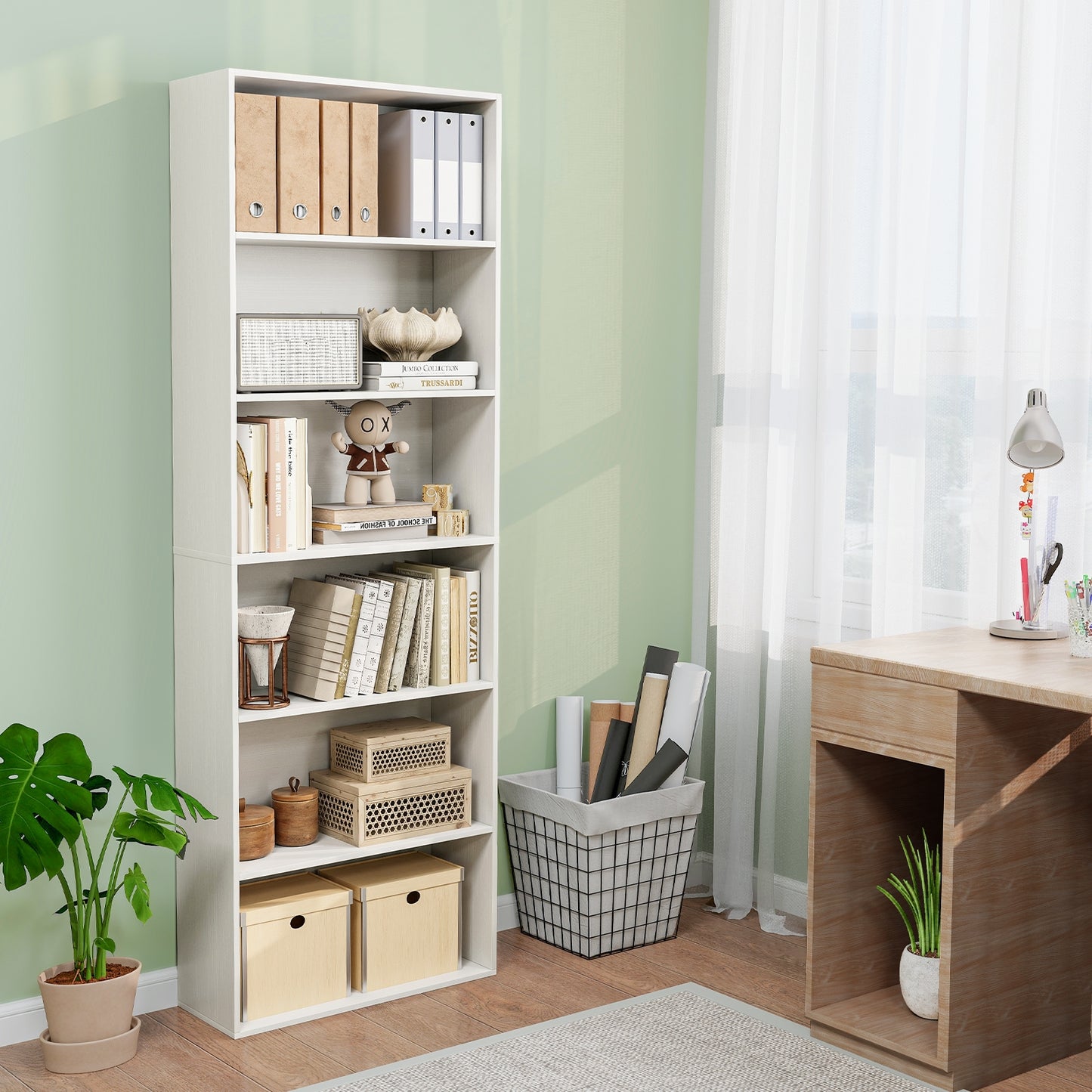 6-Tier Bookcase with 6 Open Shelves and Anti-Toppling Kits-White Kids Crystal