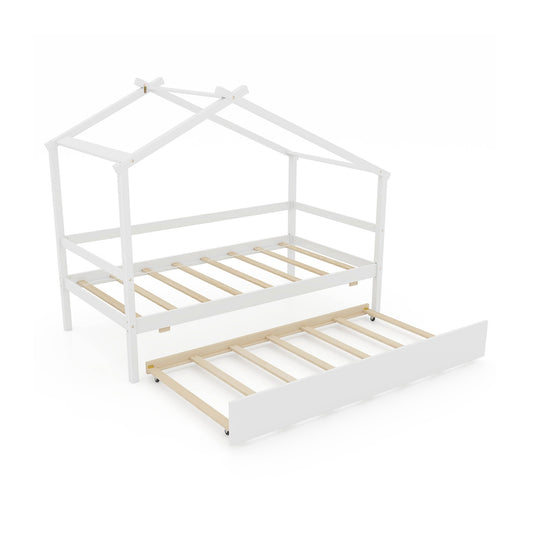 Kids Twin Size House Bed with Trundle and Roof-White Kids Crystal