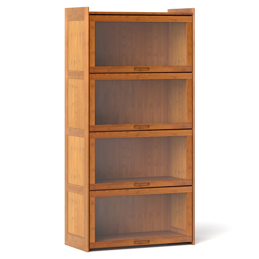 4-Tier Bamboo Bookcase with Doors for Study Room Living Room-Brown Kids Crystal