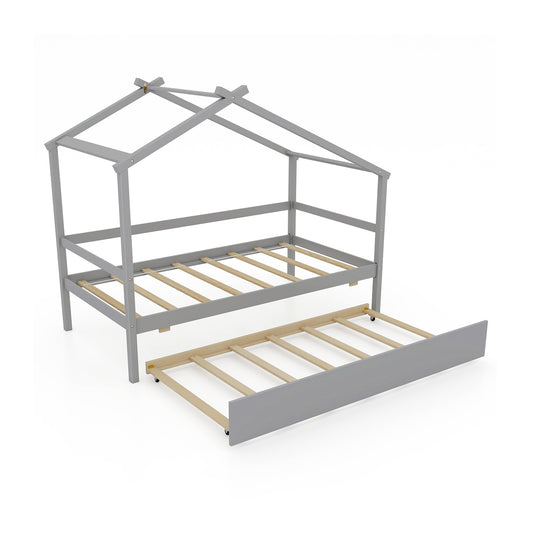 Kids Twin Size House Bed with Trundle and Roof-Gray Kids Crystal