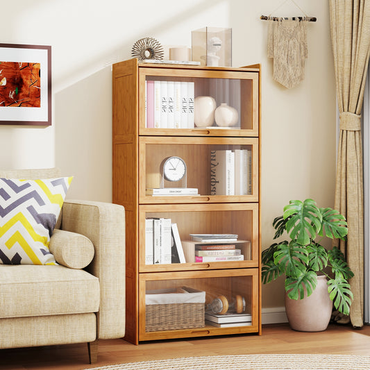 4-Tier Bamboo Bookcase with Doors for Study Room Living Room-Natural Kids Crystal