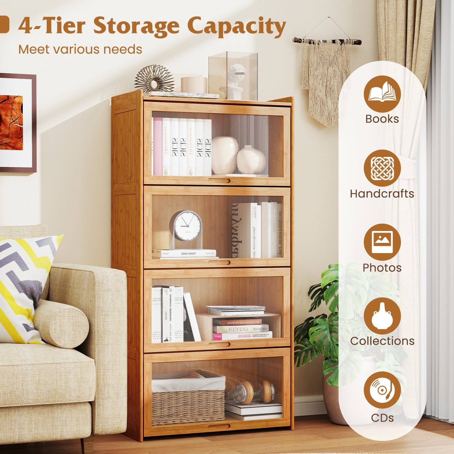 4-Tier Bamboo Bookcase with Doors for Study Room Living Room-Natural Kids Crystal