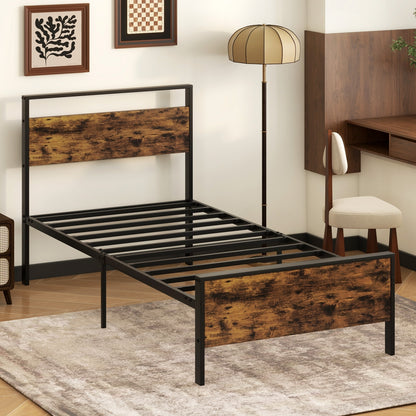 Twin Metal Bed Frame Industrial Platform Bed with Wooden Headboard-Twin Size