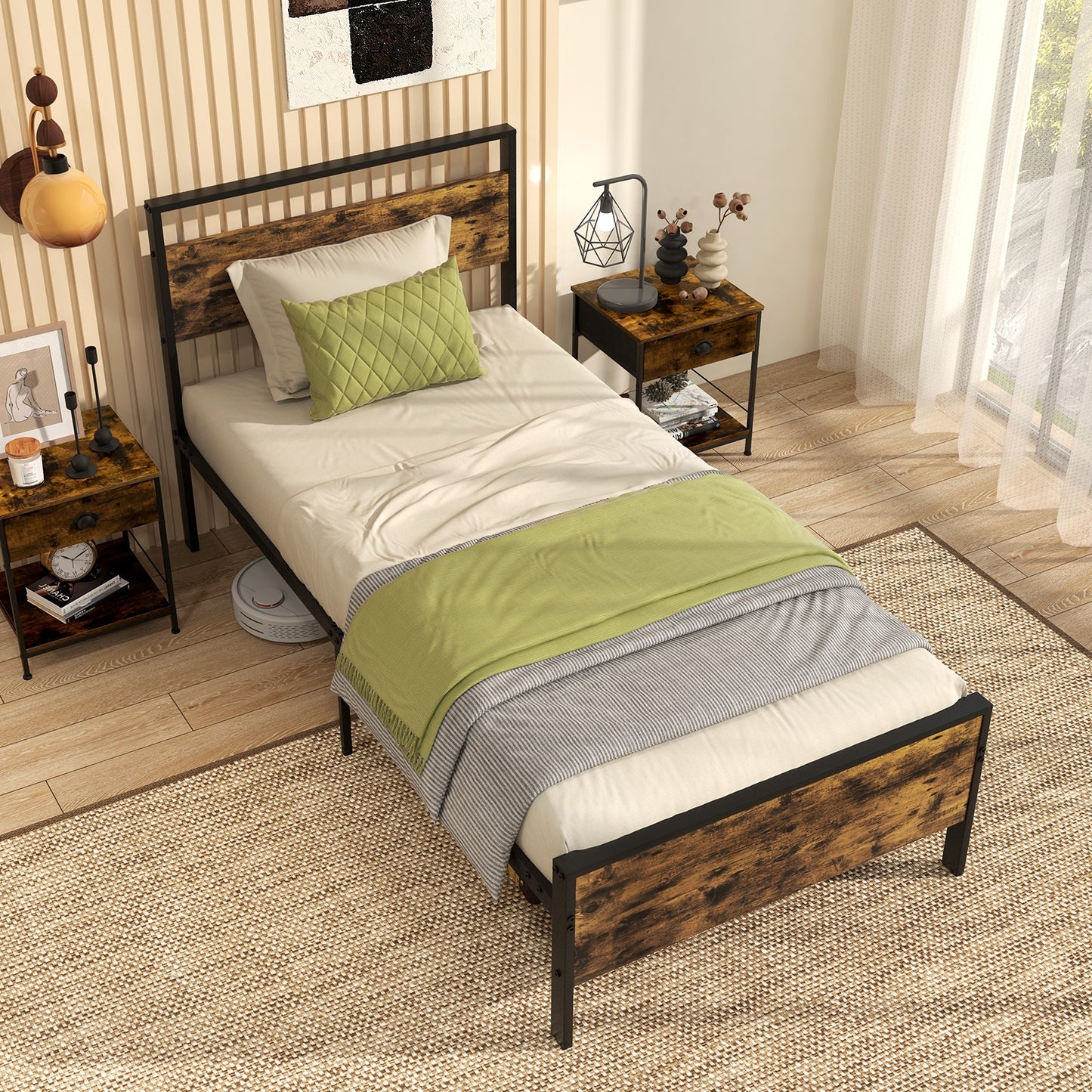 Twin Metal Bed Frame Industrial Platform Bed with Wooden Headboard-Twin Size Kids Crystal