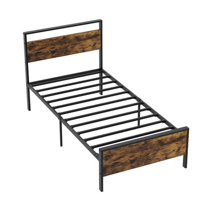 Twin Metal Bed Frame Industrial Platform Bed with Wooden Headboard-Twin Size