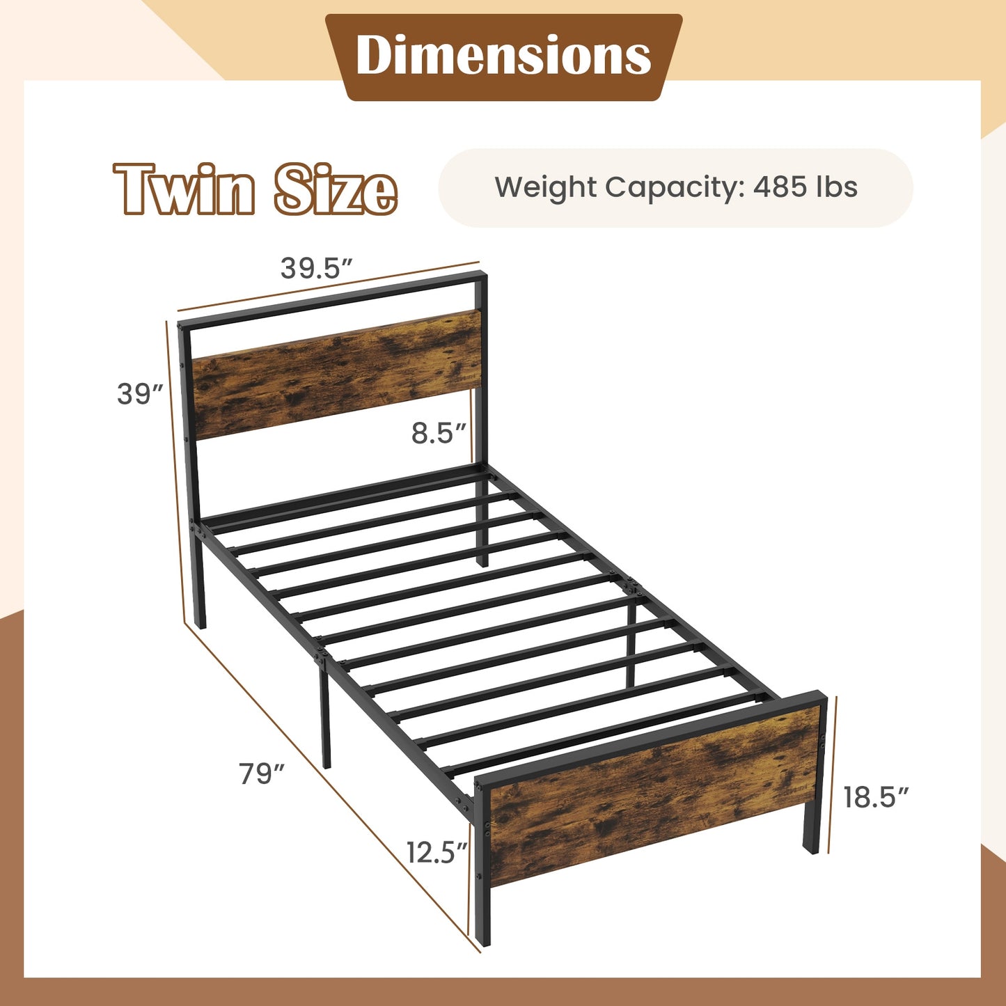 Twin Metal Bed Frame Industrial Platform Bed with Wooden Headboard-Twin Size Kids Crystal