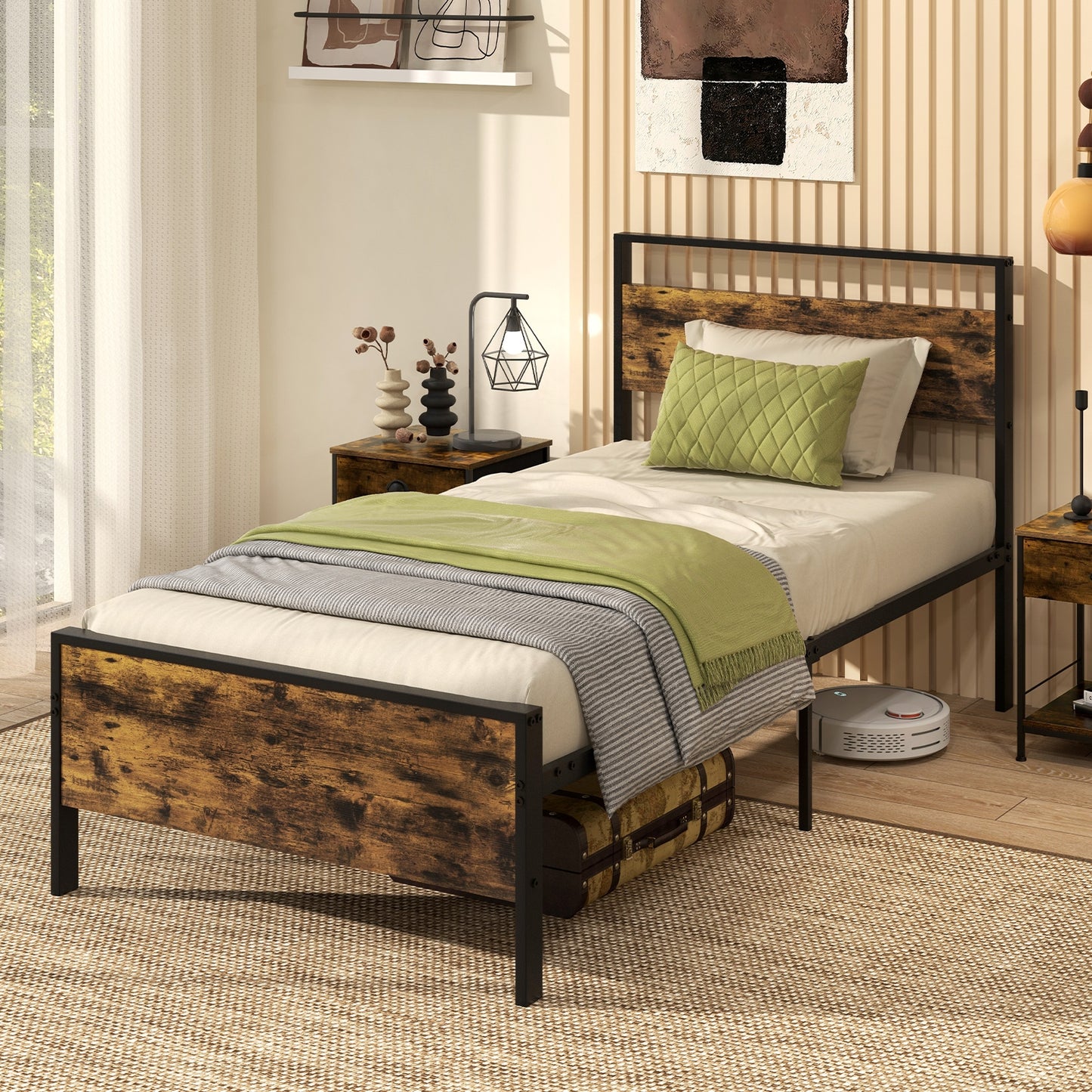 Twin Metal Bed Frame Industrial Platform Bed with Wooden Headboard-Twin Size Kids Crystal