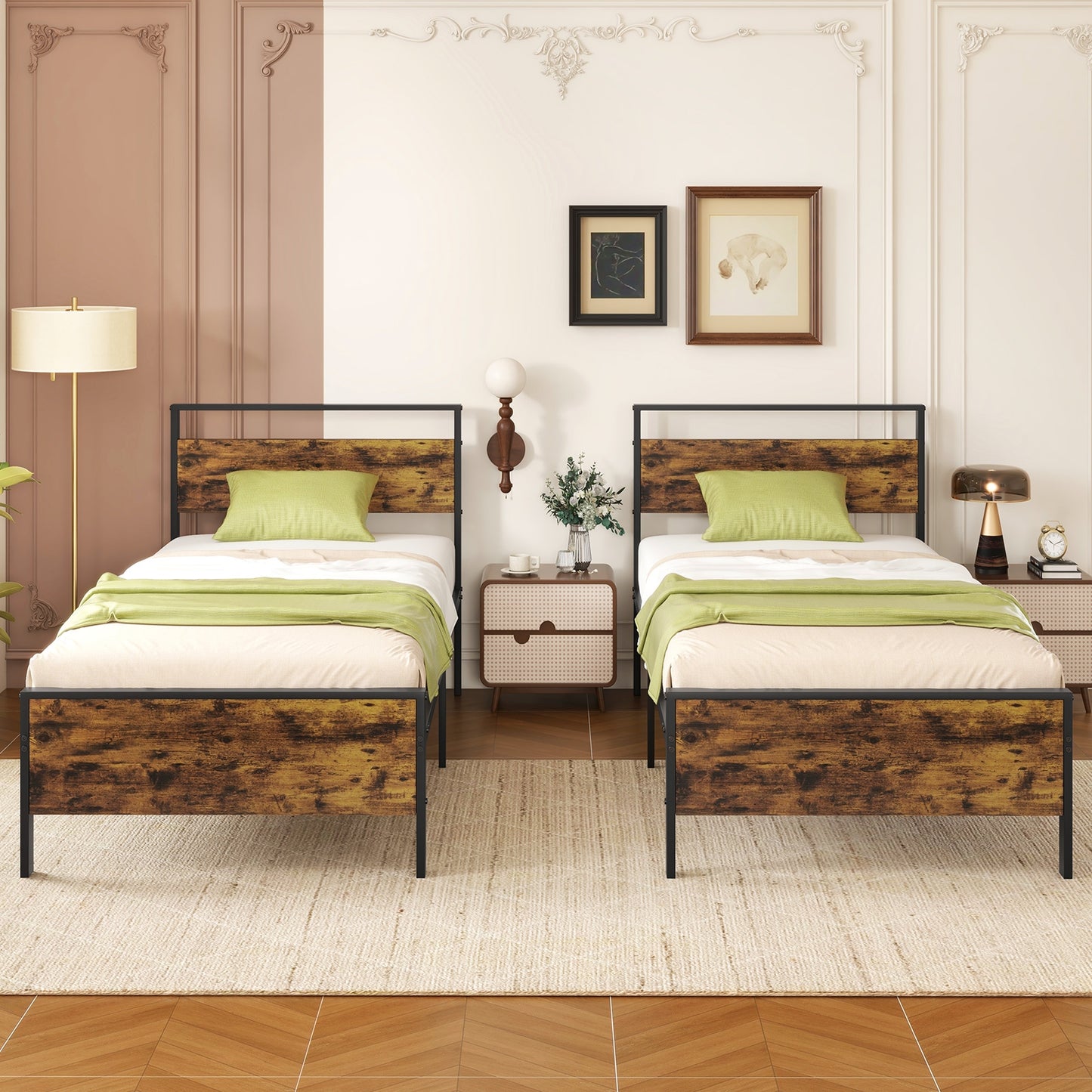 Twin Metal Bed Frame Industrial Platform Bed with Wooden Headboard-Twin Size Kids Crystal
