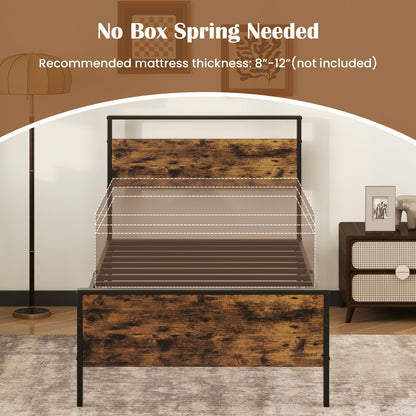 Twin Metal Bed Frame Industrial Platform Bed with Wooden Headboard-Twin Size