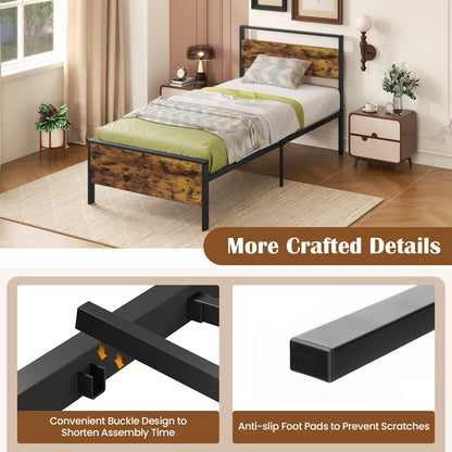 Twin Metal Bed Frame Industrial Platform Bed with Wooden Headboard-Twin Size