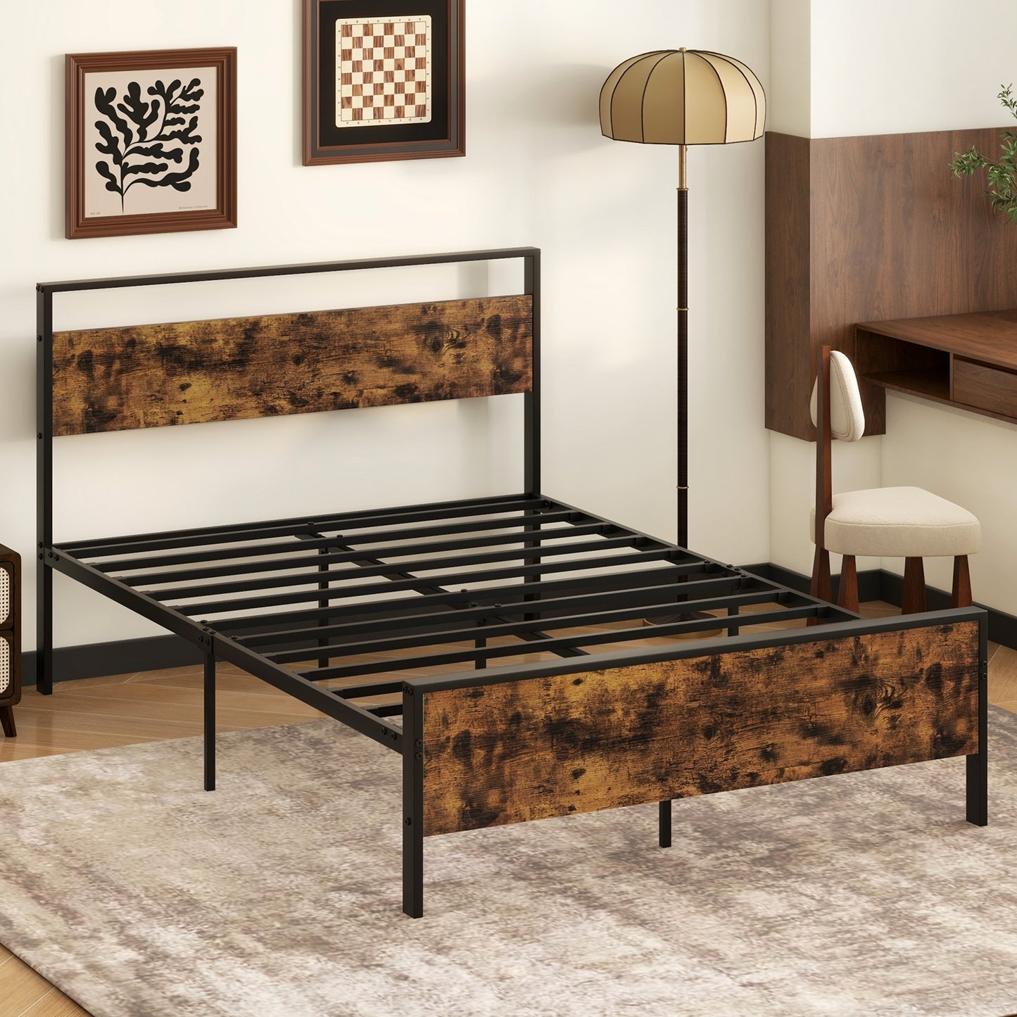 Full Metal Bed Frame Industrial Platform Bed with Wooden Headboard-Full Size Kids Crystal