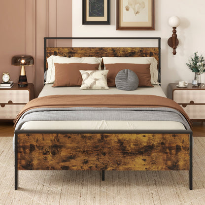 Full Metal Bed Frame Industrial Platform Bed with Wooden Headboard-Full Size