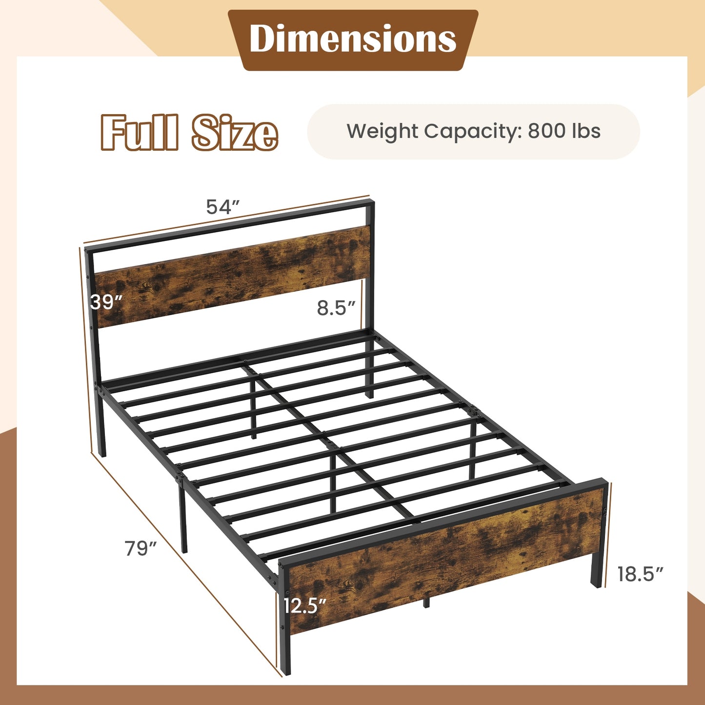 Full Metal Bed Frame Industrial Platform Bed with Wooden Headboard-Full Size Kids Crystal