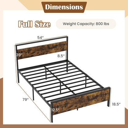 Full Metal Bed Frame Industrial Platform Bed with Wooden Headboard-Full Size