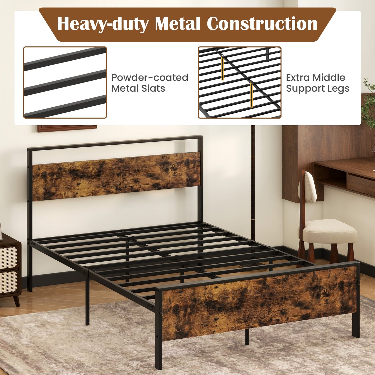 Full Metal Bed Frame Industrial Platform Bed with Wooden Headboard-Full Size Kids Crystal