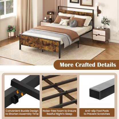Full Metal Bed Frame Industrial Platform Bed with Wooden Headboard-Full Size