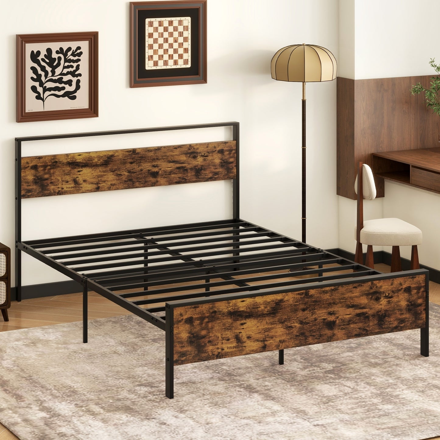Queen Metal Bed Frame Industrial Platform Bed with Wooden Headboard-Queen Size Kids Crystal