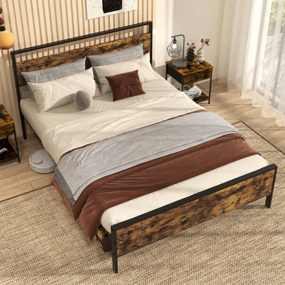 Queen Metal Bed Frame Industrial Platform Bed with Wooden Headboard-Queen Size