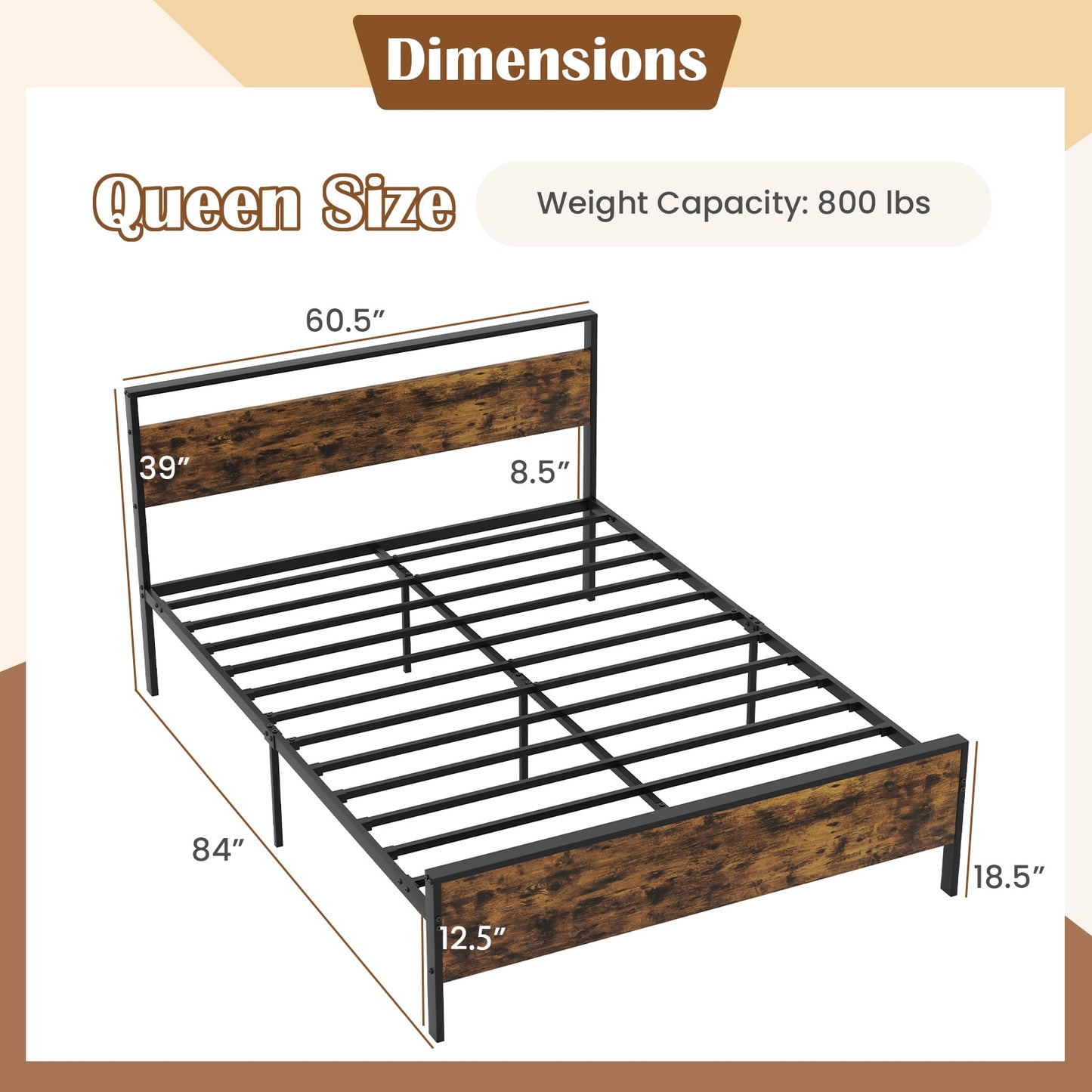 Queen Metal Bed Frame Industrial Platform Bed with Wooden Headboard-Queen Size Kids Crystal