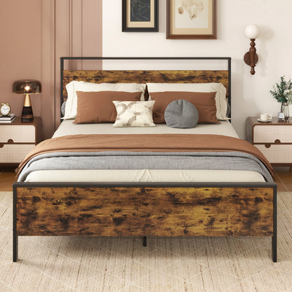 Queen Metal Bed Frame Industrial Platform Bed with Wooden Headboard-Queen Size
