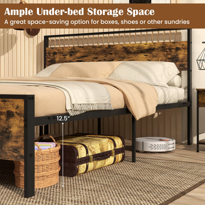 Queen Metal Bed Frame Industrial Platform Bed with Wooden Headboard-Queen Size