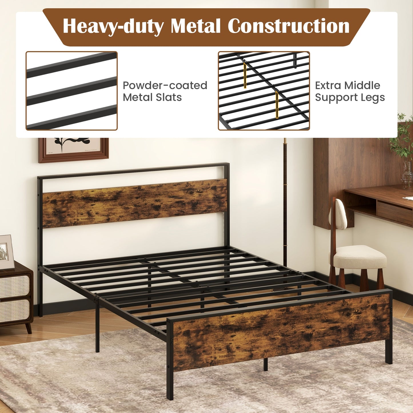 Queen Metal Bed Frame Industrial Platform Bed with Wooden Headboard-Queen Size Kids Crystal