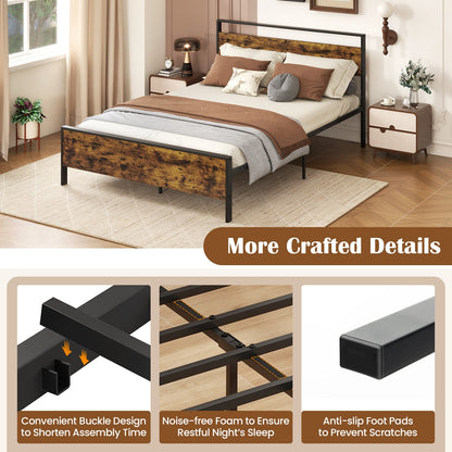 Queen Metal Bed Frame Industrial Platform Bed with Wooden Headboard-Queen Size