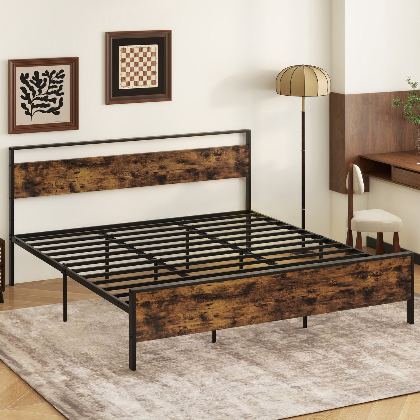 King Metal Bed Frame Industrial Platform Bed with Wooden Headboard-King Size Kids Crystal
