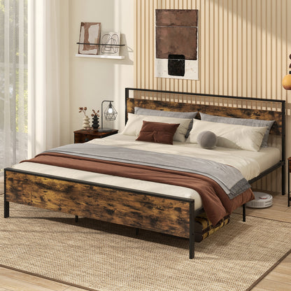 King Metal Bed Frame Industrial Platform Bed with Wooden Headboard-King Size
