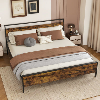 King Metal Bed Frame Industrial Platform Bed with Wooden Headboard-King Size