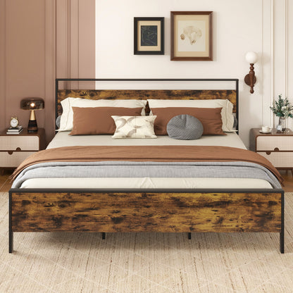 King Metal Bed Frame Industrial Platform Bed with Wooden Headboard-King Size
