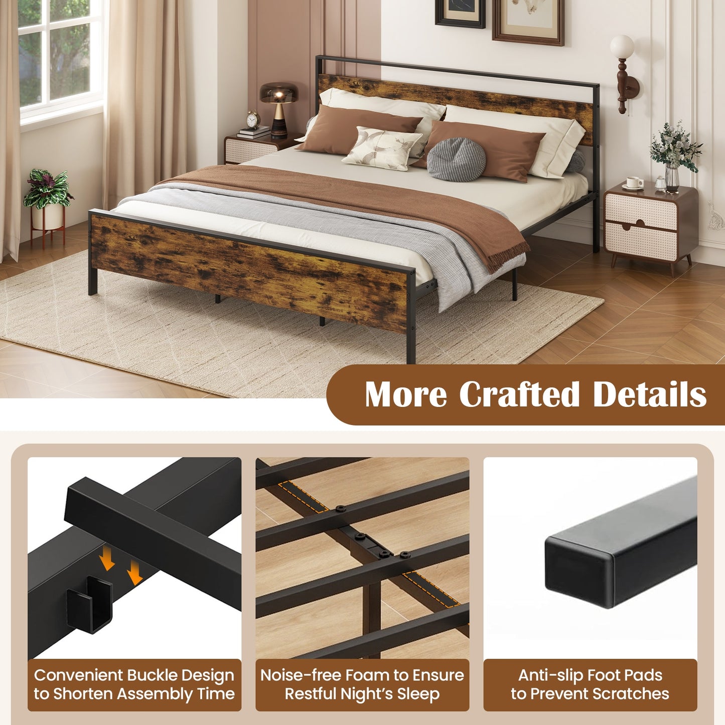 King Metal Bed Frame Industrial Platform Bed with Wooden Headboard-King Size Kids Crystal