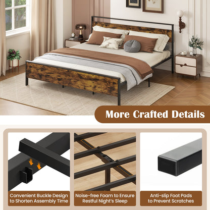 King Metal Bed Frame Industrial Platform Bed with Wooden Headboard-King Size