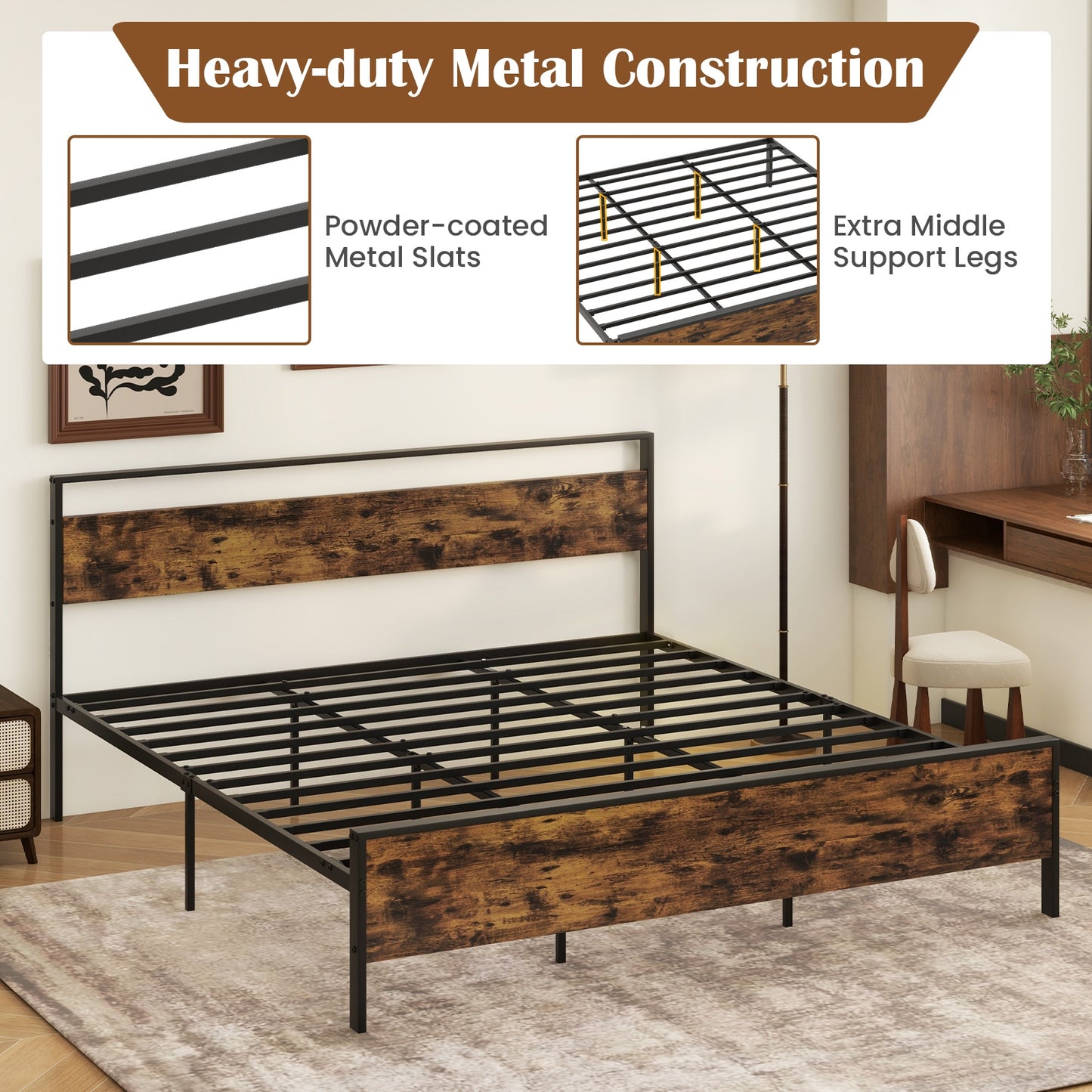 King Metal Bed Frame Industrial Platform Bed with Wooden Headboard-King Size Kids Crystal