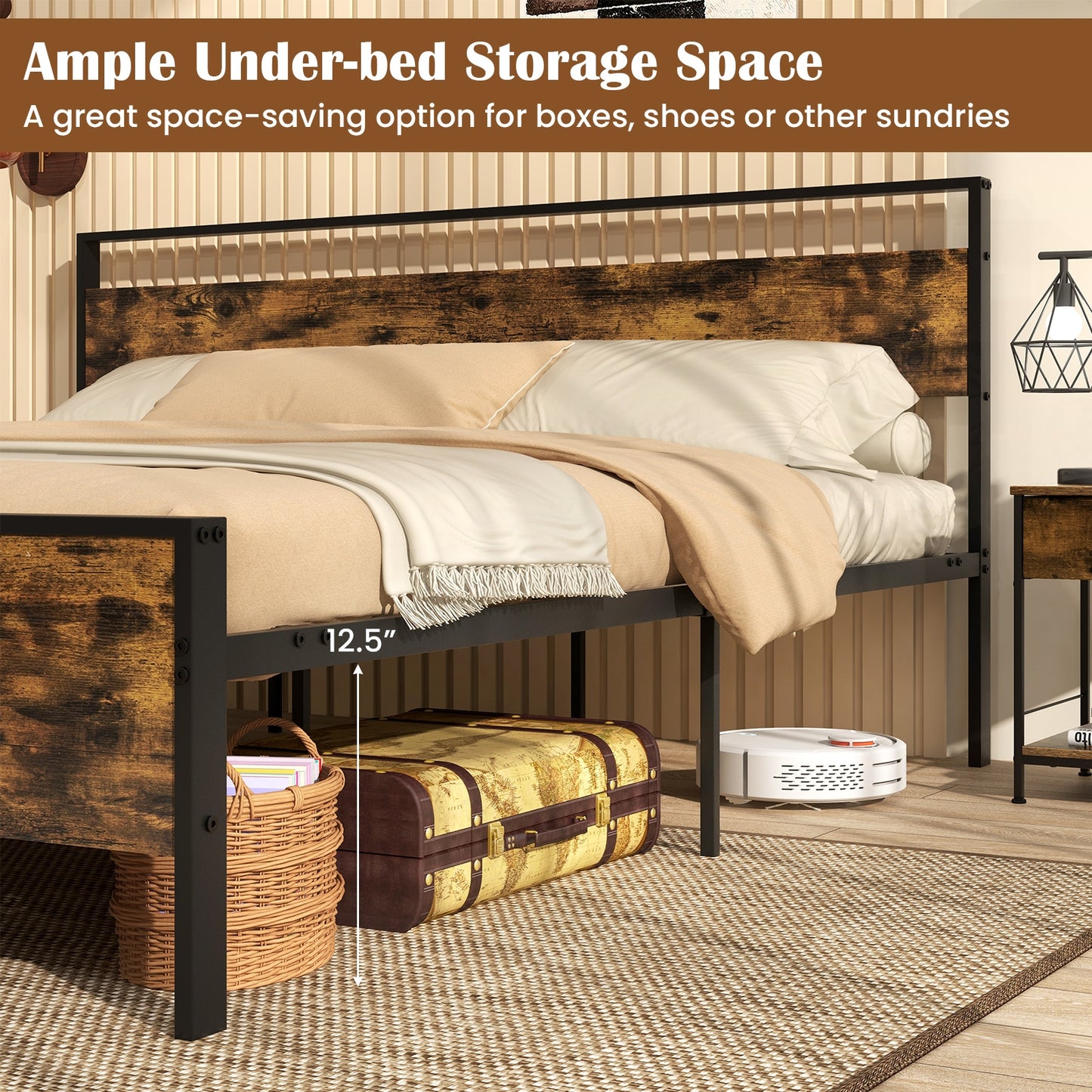 King Metal Bed Frame Industrial Platform Bed with Wooden Headboard-King Size Kids Crystal