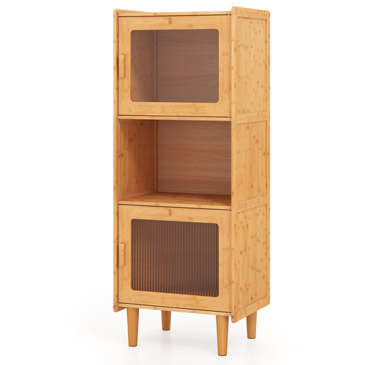 3-Cube Bamboo Storage Cabinet with Open Compartment and 2 Acrylic Doors-Natural Kids Crystal