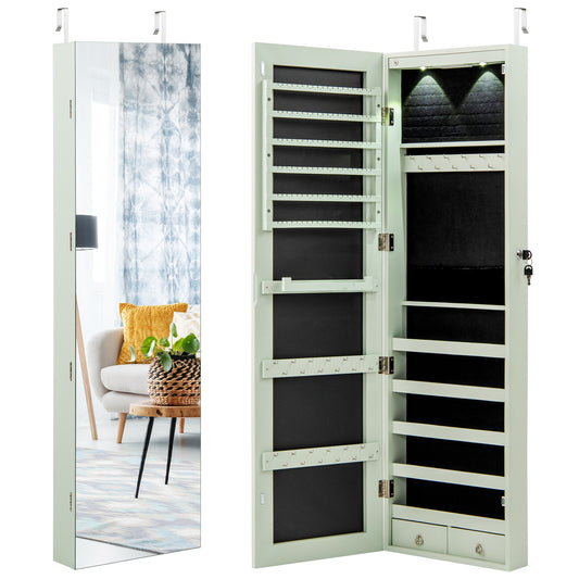 Wall and Door Mounted Mirrored Jewelry Cabinet with Lights-Green
