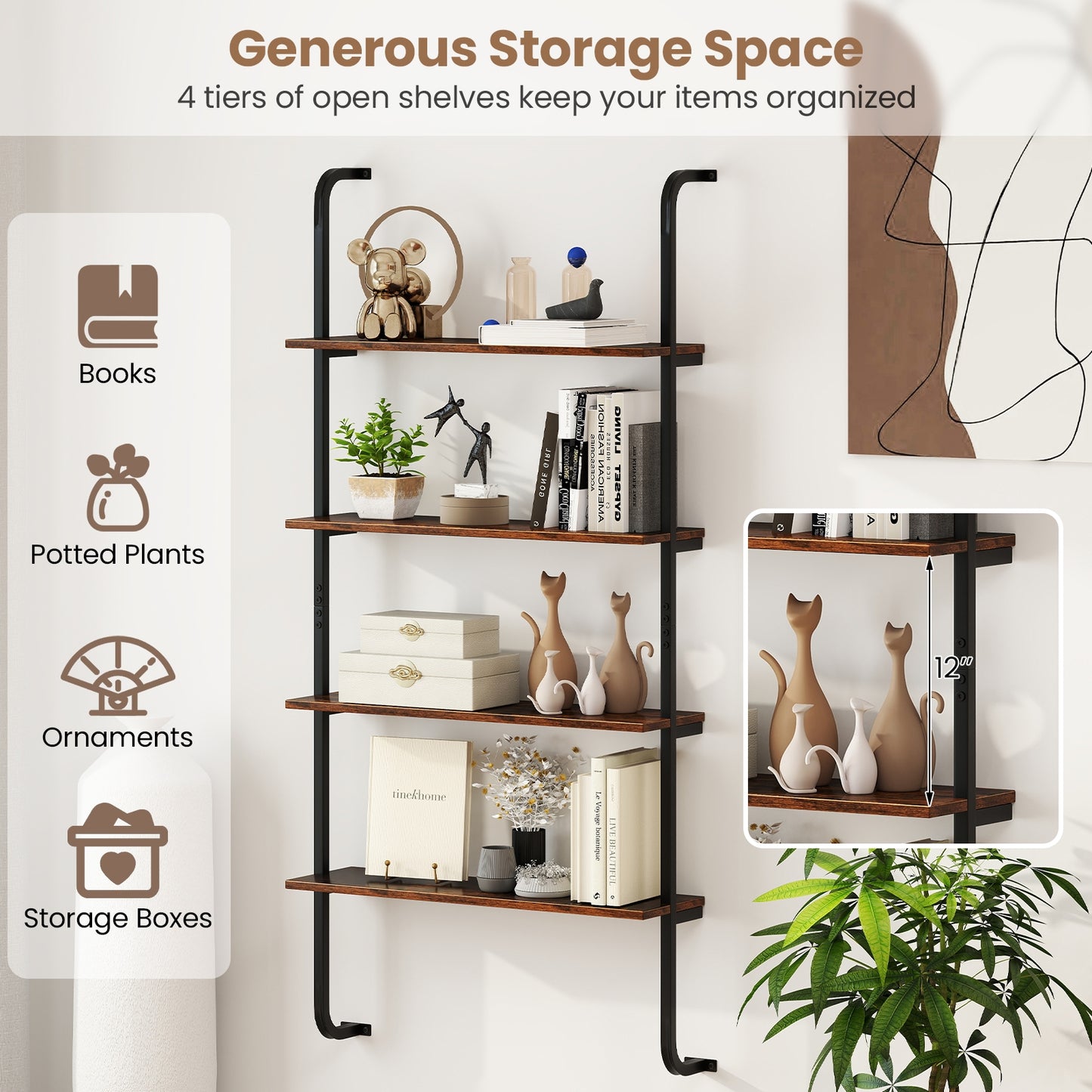 4-Tier Industrial Pipe Shelving with Metal Frame for Living Room Kitchen-Rustic Brown Kids Crystal
