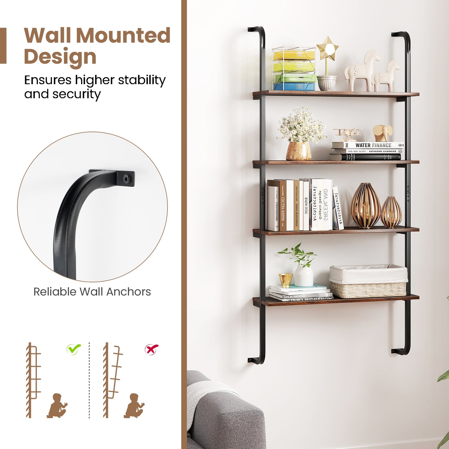 4-Tier Industrial Pipe Shelving with Metal Frame for Living Room Kitchen-Rustic Brown Kids Crystal