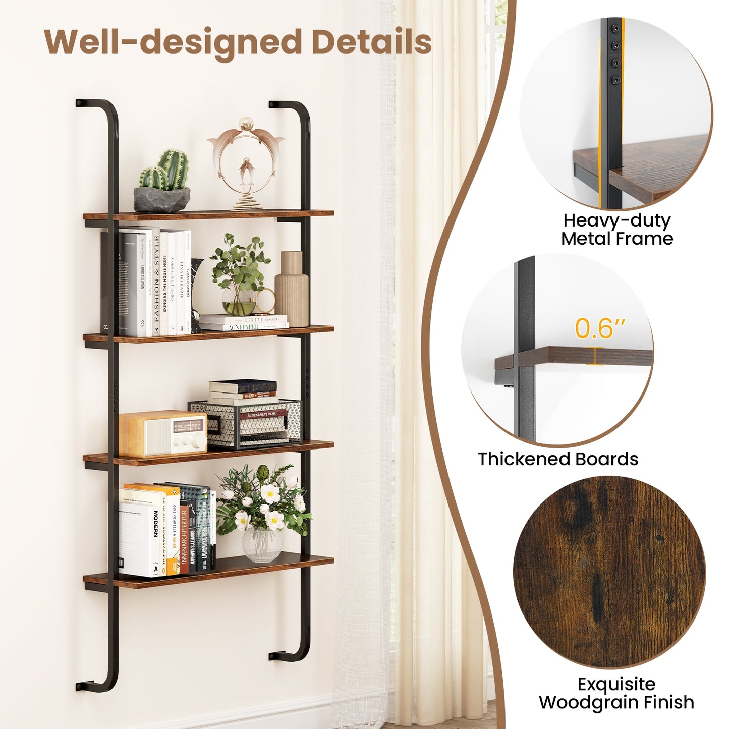 4-Tier Industrial Pipe Shelving with Metal Frame for Living Room Kitchen-Rustic Brown Kids Crystal
