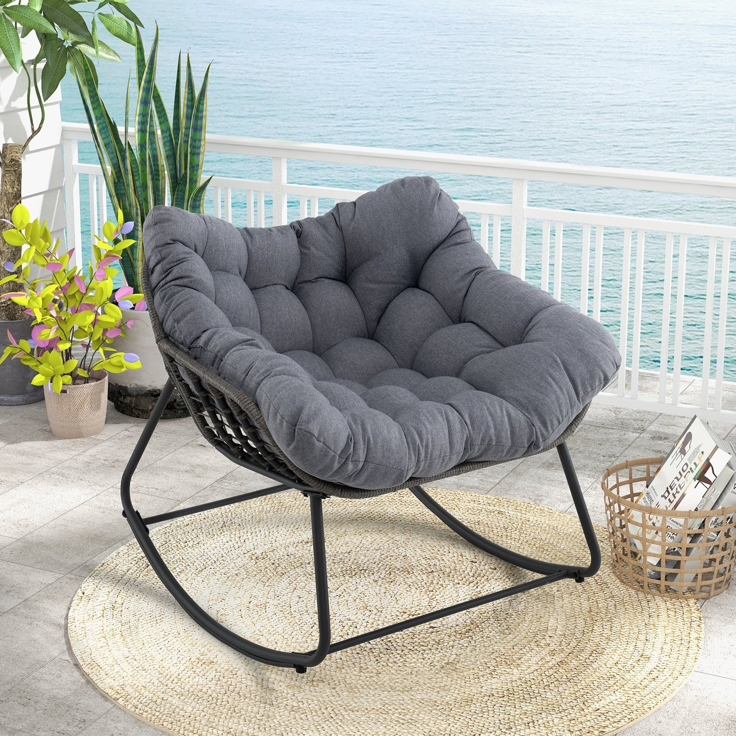 Outdoor Rocking Chair Oversized Patio PE Wicker Egg Chair with Cushion-Gray Kids Crystal