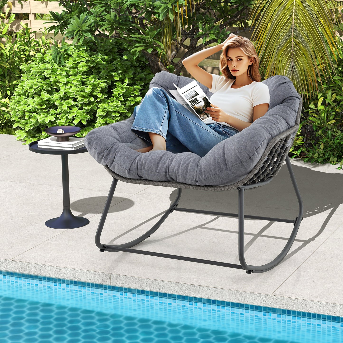 Outdoor Rocking Chair Oversized Patio PE Wicker Egg Chair with Cushion-Gray Kids Crystal