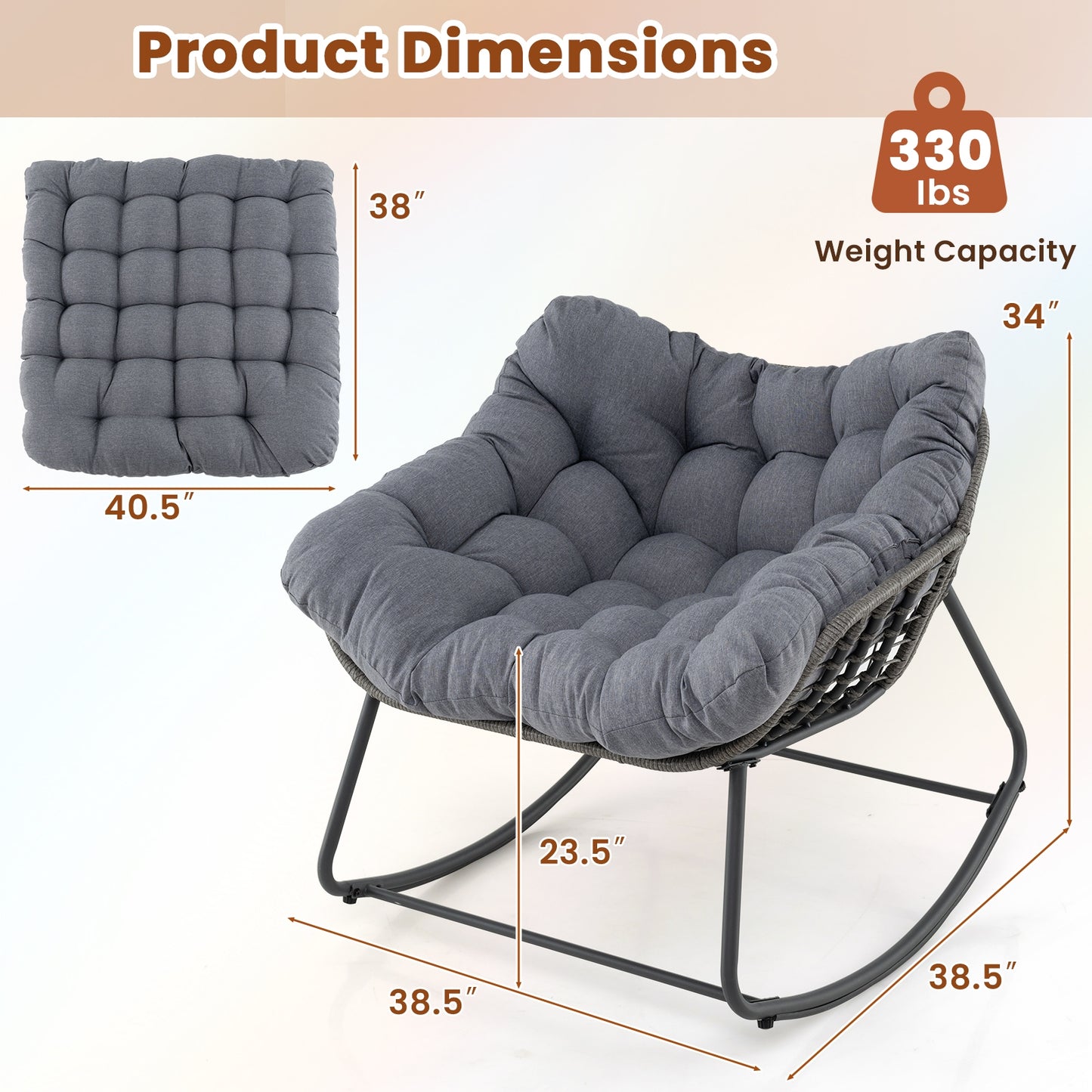 Outdoor Rocking Chair Oversized Patio PE Wicker Egg Chair with Cushion-Gray Kids Crystal