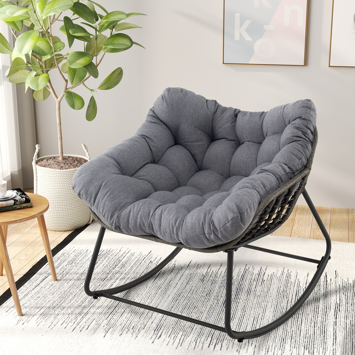 Outdoor Rocking Chair Oversized Patio PE Wicker Egg Chair with Cushion-Gray Kids Crystal