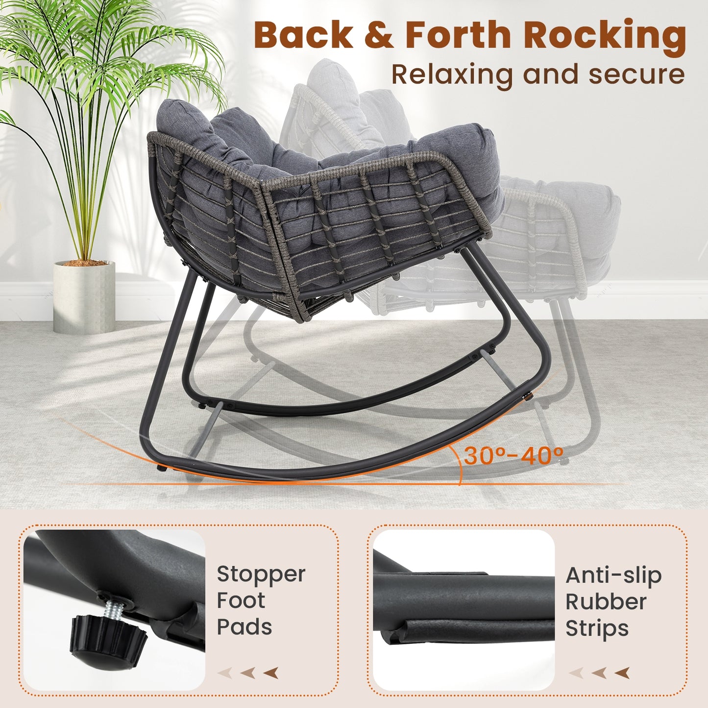 Outdoor Rocking Chair Oversized Patio PE Wicker Egg Chair with Cushion-Gray Kids Crystal